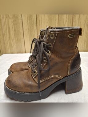 Vintage Y2K 90s Skechers 1253 Brown Leather Chunky Heel Boots Size 5.5 Platform
